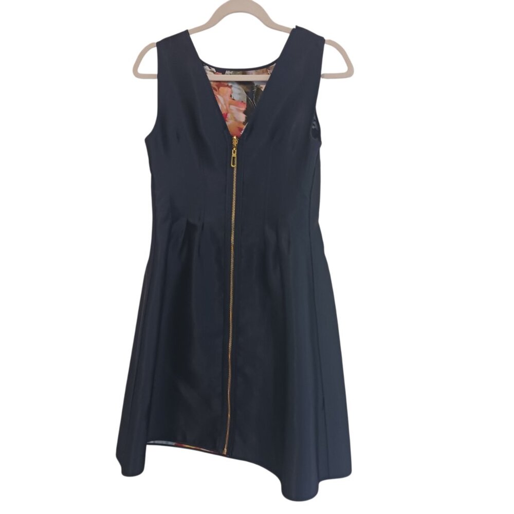 Nicole Miller Reversible Satin Dress SZ 8, Floral and Navy, Full Length Back Zip - Picture 4 of 16